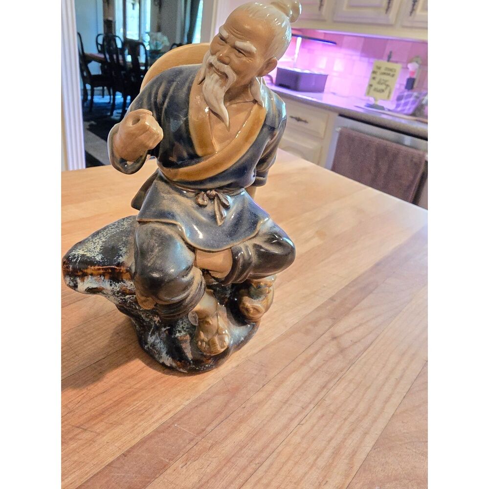 VTG China Mudman Fisherman Shiwan Decorative Figurine Wise Man Fishing Blue/Tan